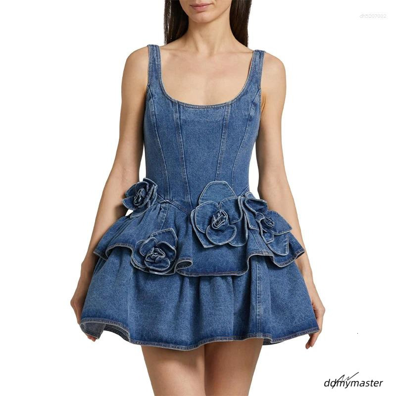 Chic A-Line Mini Dress - 3D Floral Denim Halter Dress, Vintage High Street Style, Perfect For Summer Parties ddmymaster ddmymaster ddmymaster