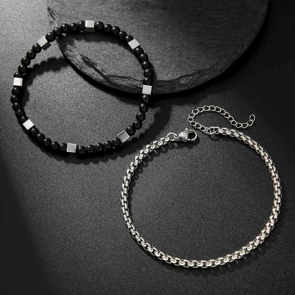 Noter 2Pcs Men Bracelet With Stainless Steel Cuban Chain Pulsera 4mm Natural Stone Braclet For Homme Casual Hip Hop AccessoriesXJ250909