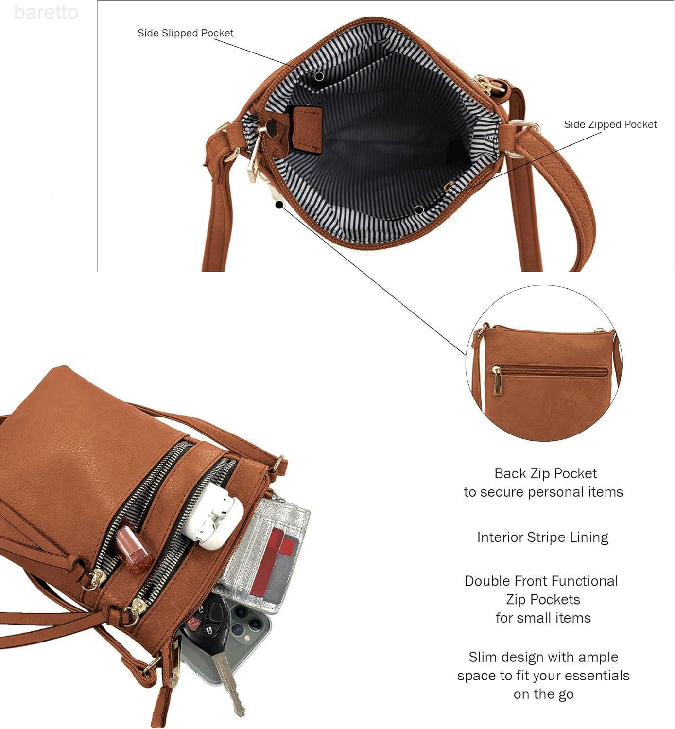 Crossbody Purse Bag Functional Multi Pocket Double Zipper Purse Adjustable Strap Medium Size Purse Cognac Z250909