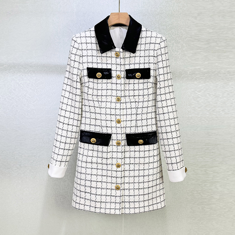 2025 Autumn Winter Designer Women Exquisite Elegant Color Blocking Splicing Leather Lapel Coarse Dress Small Fragrant Style Black White Checkered Wedding Dress