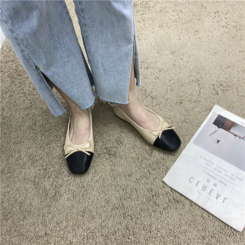 35-45 Flat Womens Spring Autumn Bow Square Toe Shallow Ladies Shoes Loafers Women Zapatos Mujer