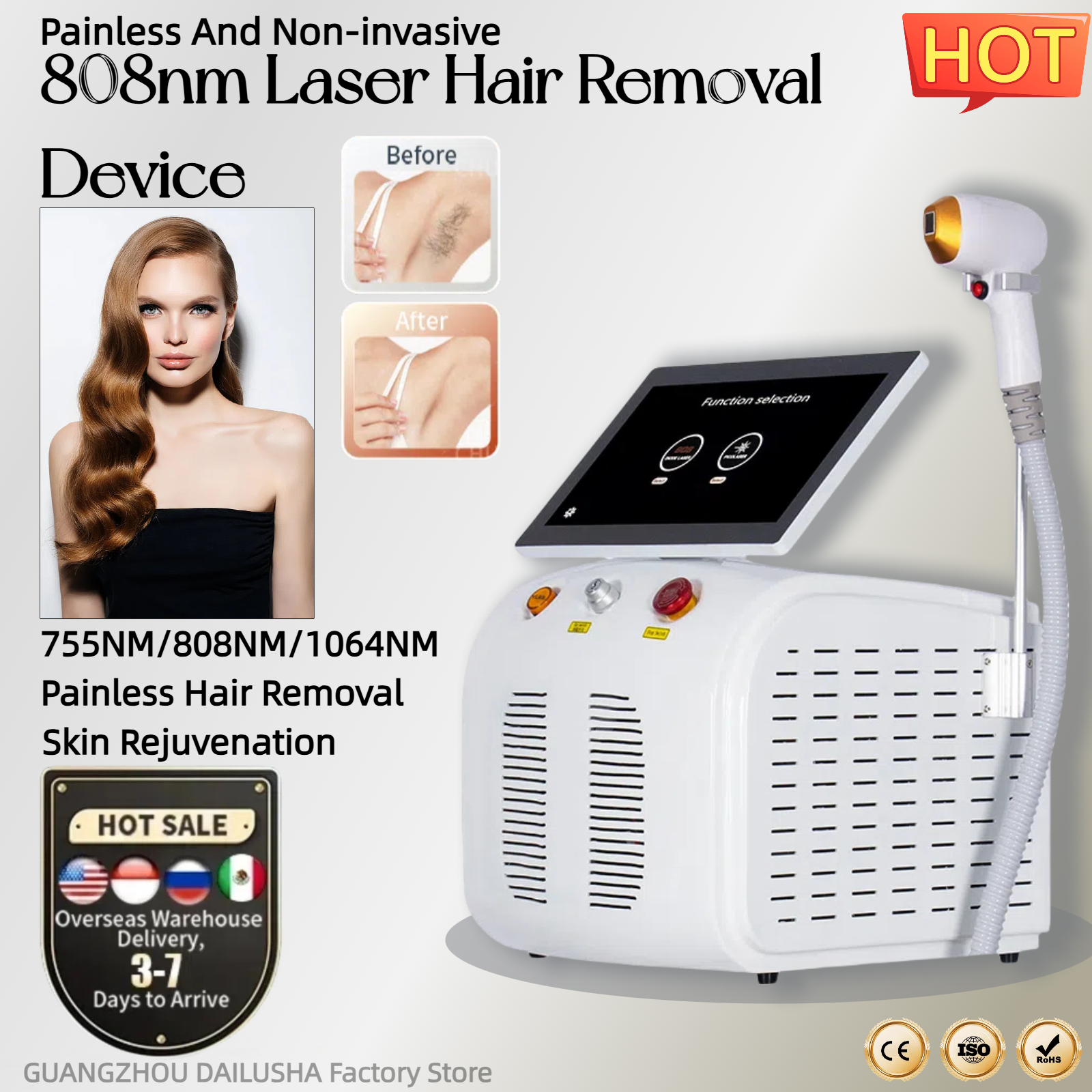 Large Screen Diode Laser Hair Removal Machine Painless Permanent Hair Removal Skin Whitening High Power Smart 3 Wavelengths 755/808/1064nm Laser Machi