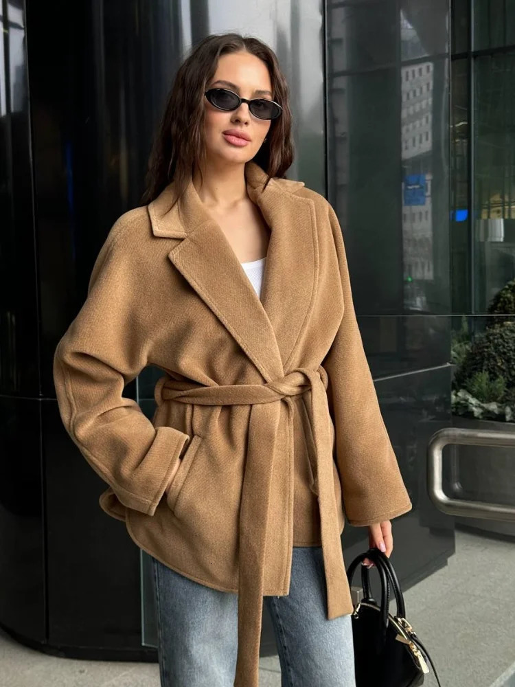 Lace Up Waist Cinching Trench Coat Woman Solid Color Lapel Long Sleeves Loose Casual Jackets Street Versatile Womens Jacket 250911