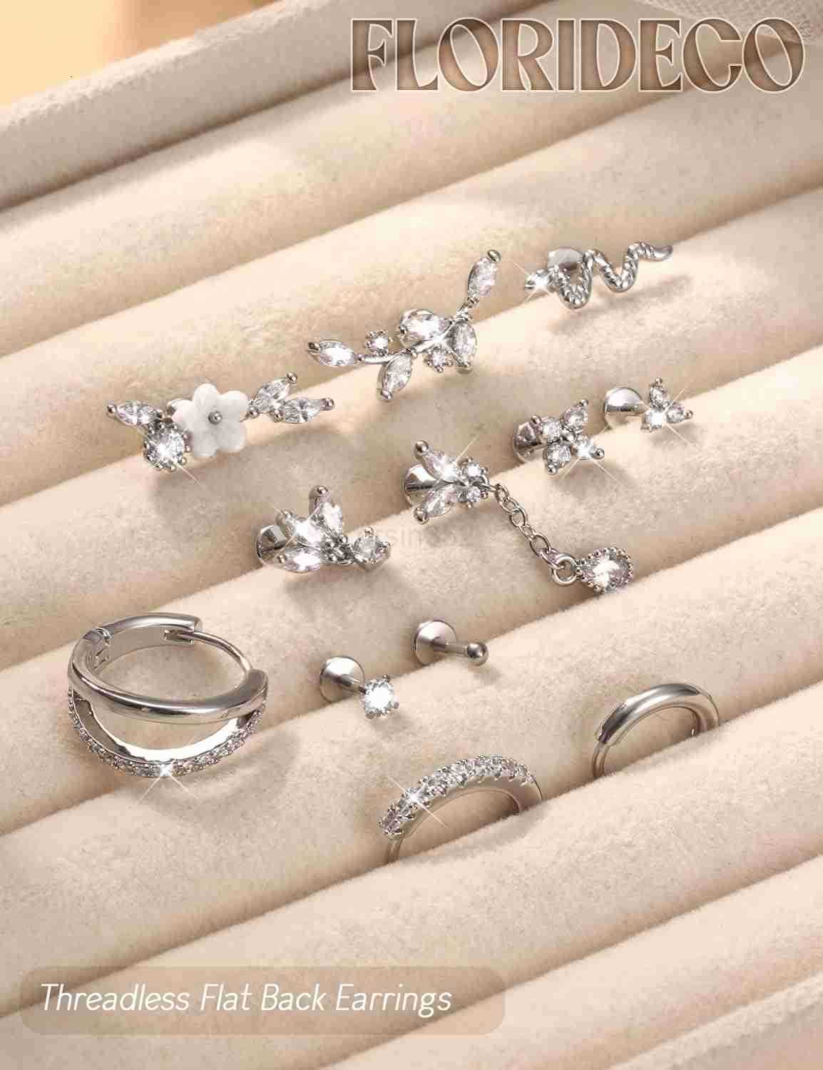 20G 18G Threadless Flat Back Earrings Hypoallergenic Push in Stud Earrings 14K Gold Plated 316L Surgical Steel Stud Hoop Earring Sets Cartilage Helix 