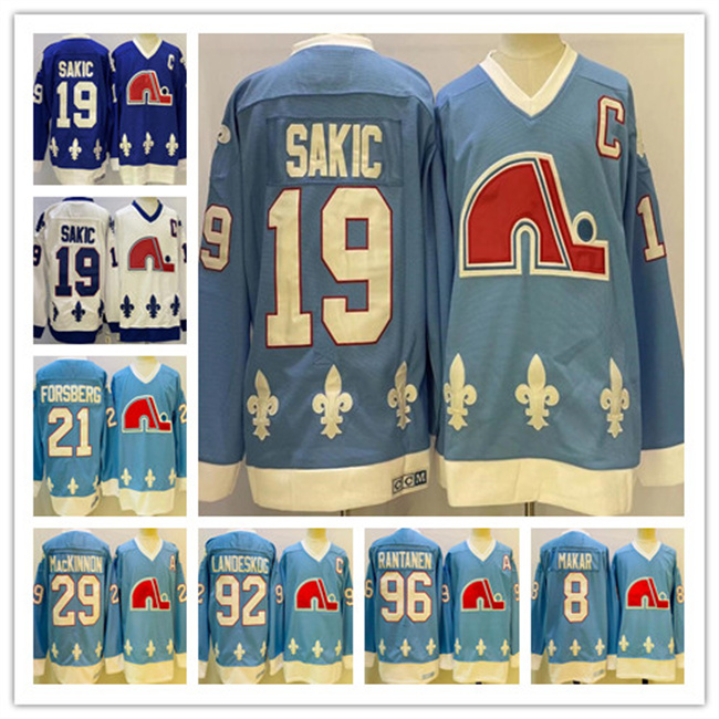 Men Retro CCM Quebec Nordiques Jerseys Hockey 19 Joe Sakic 21 Peter Forsberg 8 Cale Makar 29 Nathan MacKinnon 92 Gabriel Landeskog 96 Mikko Rantanen Vintage Jerseys