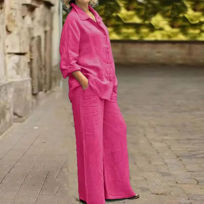 Women Linen Casual Shirt 2 Pieces Set Fashion Lapel Long Sleeve Button Blouse And Trousers Outfits Loose Wide Leg Pants Suits 250908
