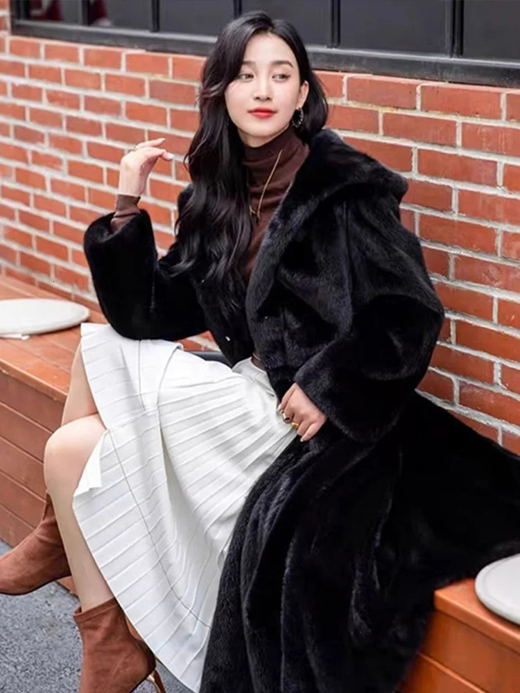 Faux Fur Hooded Coat With Belt Hat Women Mink Fur Extended Long Coats Warm Thicken Overcoat Slimming Fluffy Outwear Top 250908