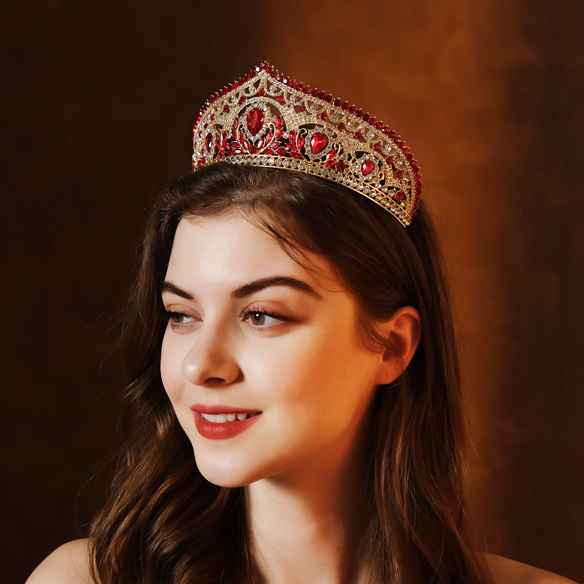 Exquisitely Luxurious High Craft Bridal Tiara Adorned with Glistening Red Crystals Stunning Ethnic Style Wedding Crown with Full Diamond Sparkle