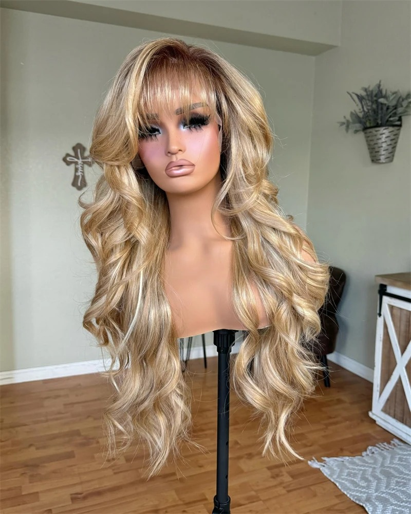 Light Honey Blonde Highlights Ombre Blonde Wig Body Wave Human Hair Wigs with Bangs Glueless Lace Wigs 13x4 Transparent Lace Front Wig For Women