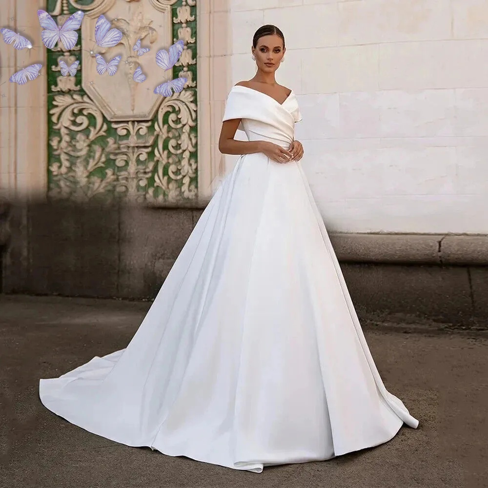 Newest A Line Wedding Dresses Pleats Satin Puffy Off The Shoulder Beach Bridal Gowns Plus Size Illusion Floor Length Robe de Mariee