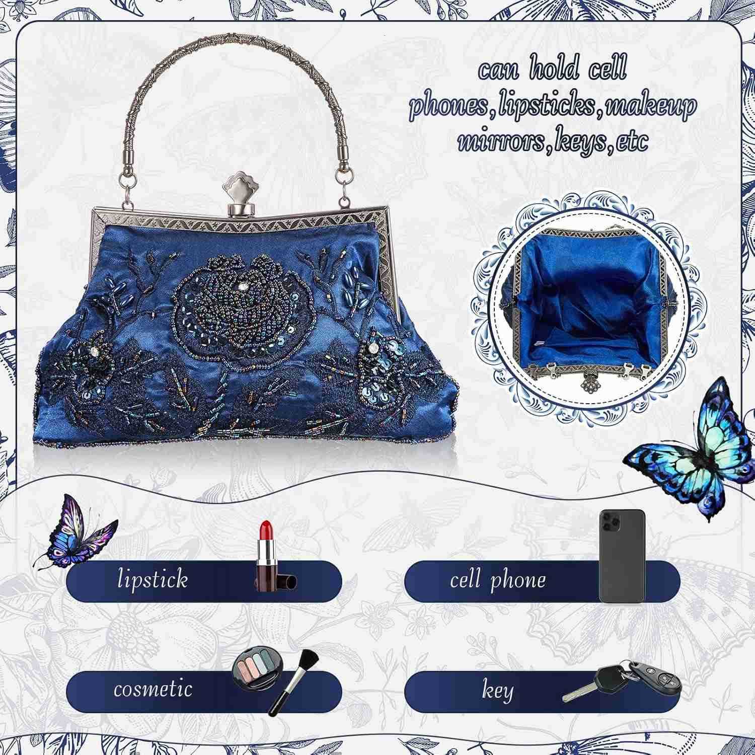 Beaded Clutch 86 x 52 x 28 Inch Vintage Embroidery Evening Bag Sequin Rhinestone Clutch Purse Floral Crossbody Bag Z25909