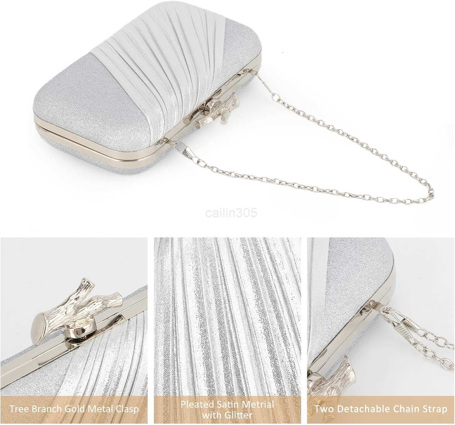 Clutch Purses for Women Evening Bag Pleated Satin Formal Handbag Sparkling Shoulder Crossbody Bag Z25909