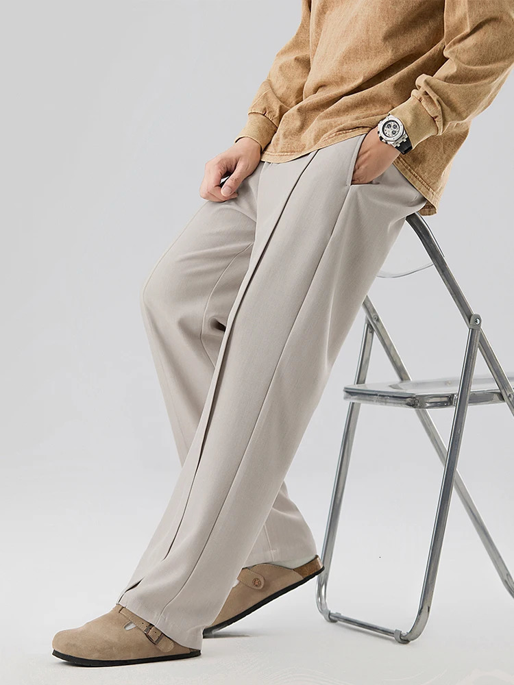 Autumn Casual Pants Men Korean Fashion Banded Waist Stretch Wide Leg Pleated Suit Slacks Straight Loose Drape Trousers 250909