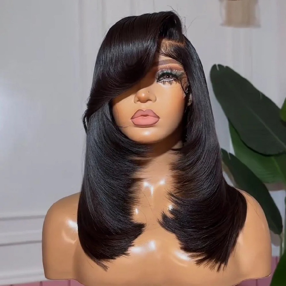 Wear And Go Wig With Layered Bang Glueless Ready To Wear Bone Straight Bob Wig Human Hair 360 Full lace Wigs For Women 13x6 HD Lace Frontal Wig Human 