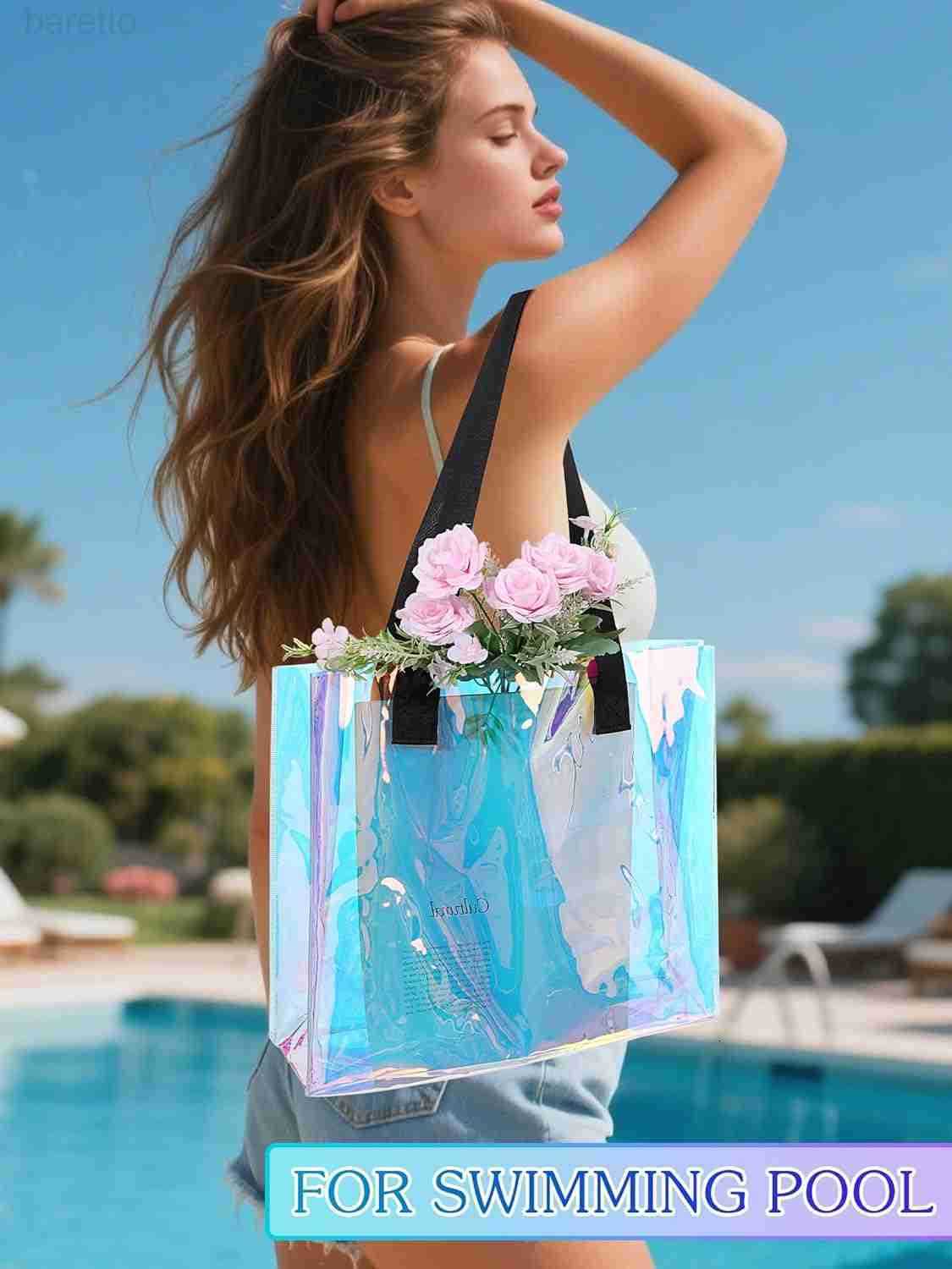 Holographic Clear Tote Bag Large Iridescent Shoulder Handbags for Waterproof Sandproof Beach Party Favor Bags Z250909
