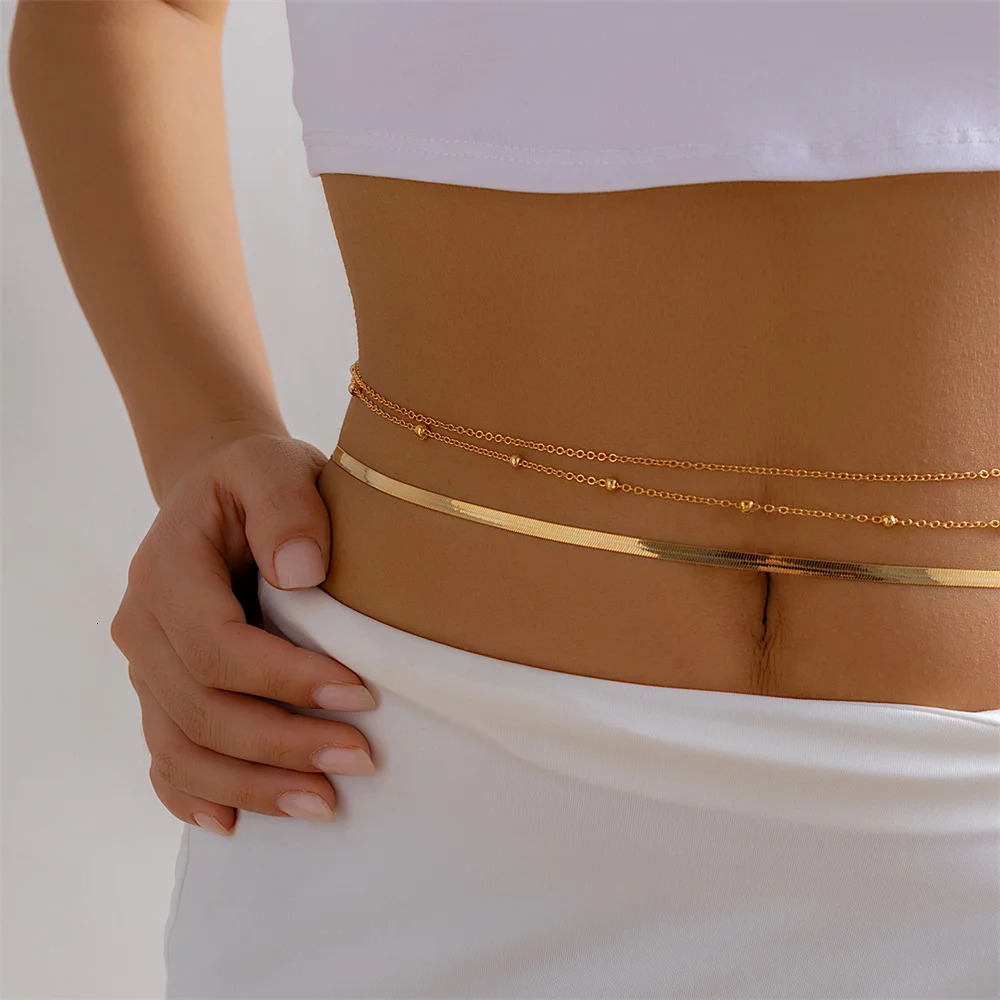 Summer Minimalist Doublelayer Metal Flat Snake Chain Belly Waist Chain Womens Fashion Skini Beach Summer Body Jewelry 250908