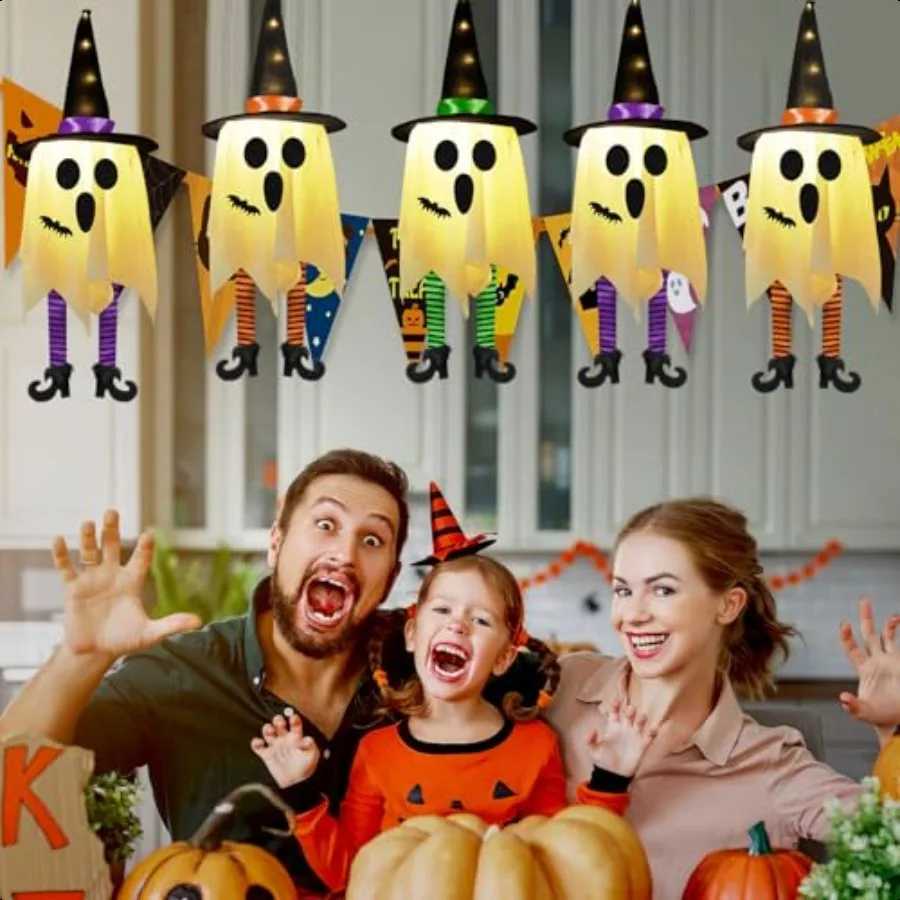 3pcs Halloween Hanging Ghosts Outdoor Decorations Ghosts of Halloween with Witch Hat Outdoor Hanging Ghost Decor Glowing Ghost H250908