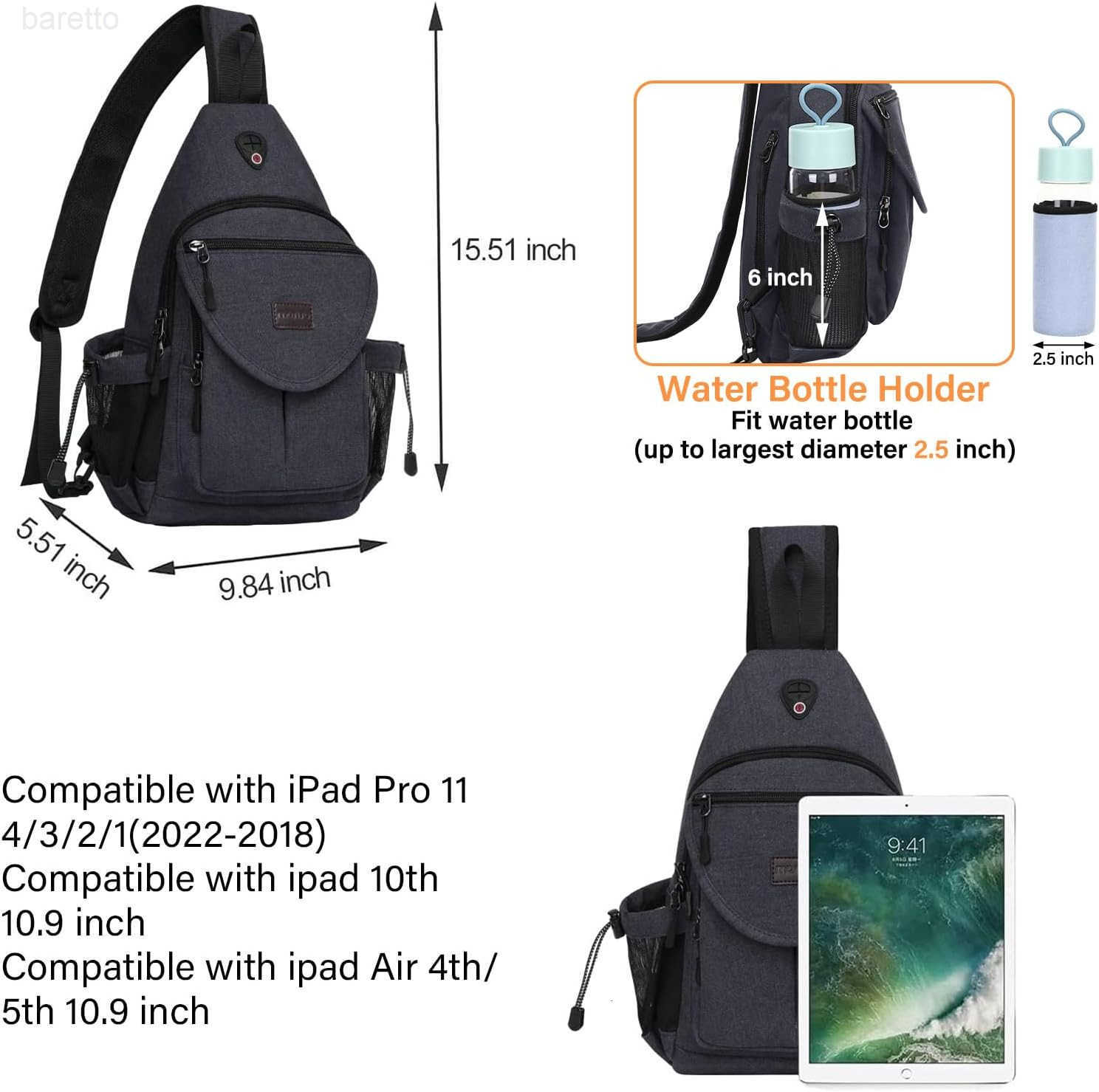 Sling BackpackCanvas Crossbody Hiking Daypack Bag with Antitheft Pocket Space Gray Z250909