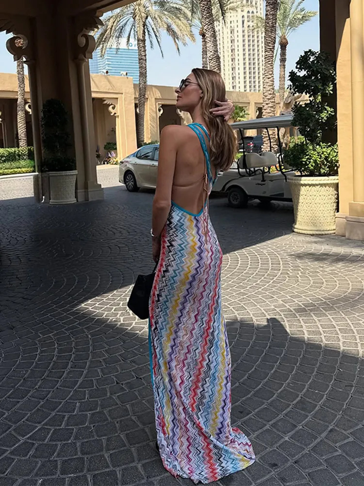 Womens Fashion Wavy Stripe Print Long Dress Sexy Oneshoulder Backless Side Split Maxi Lady Beach Vacation Vestidos 250909