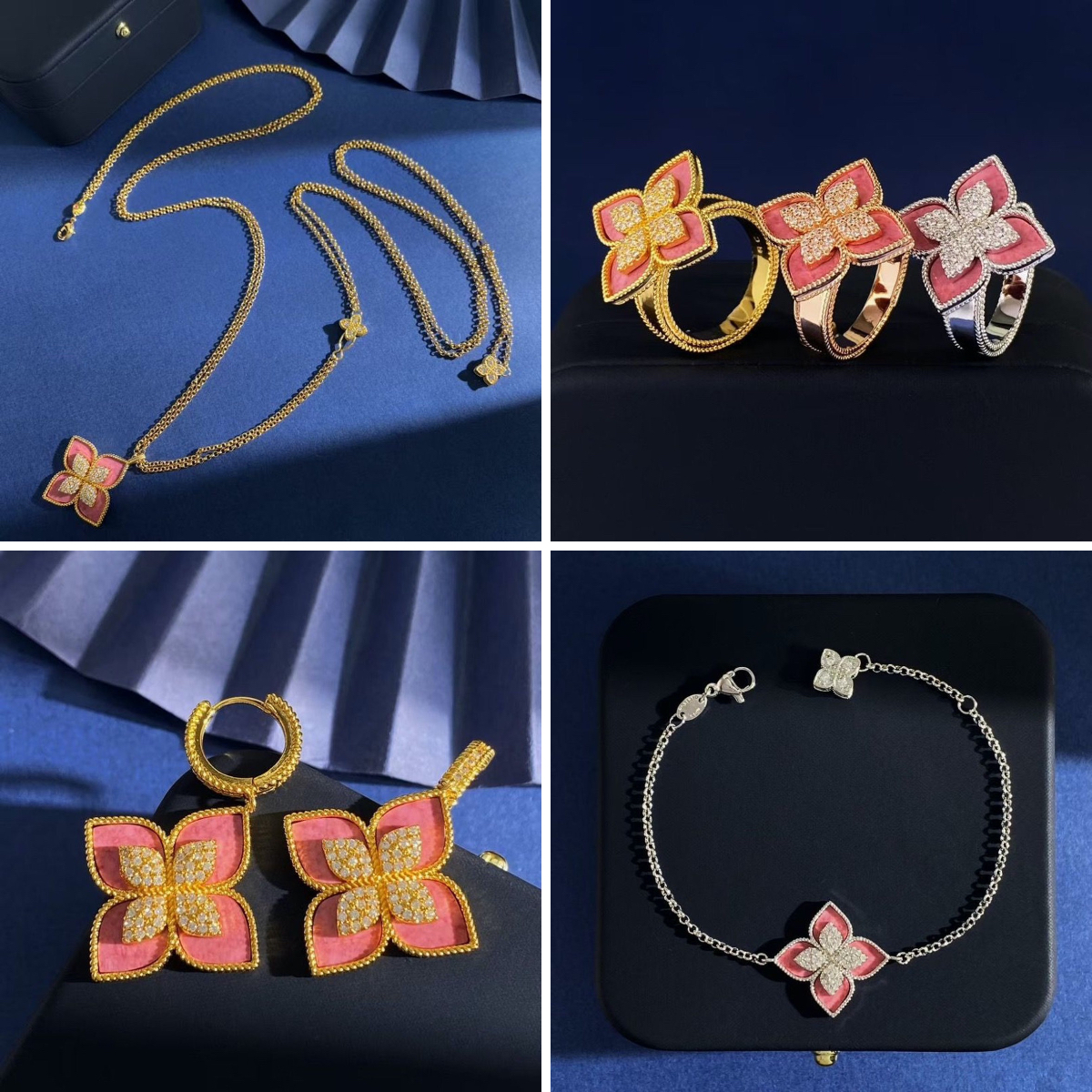 4 flower jewelry set bracelet gold earrings necklaces women designer ring high quality 18k Gold Pink bangle luxury jewelry earrings four leaf clover bracelet silver