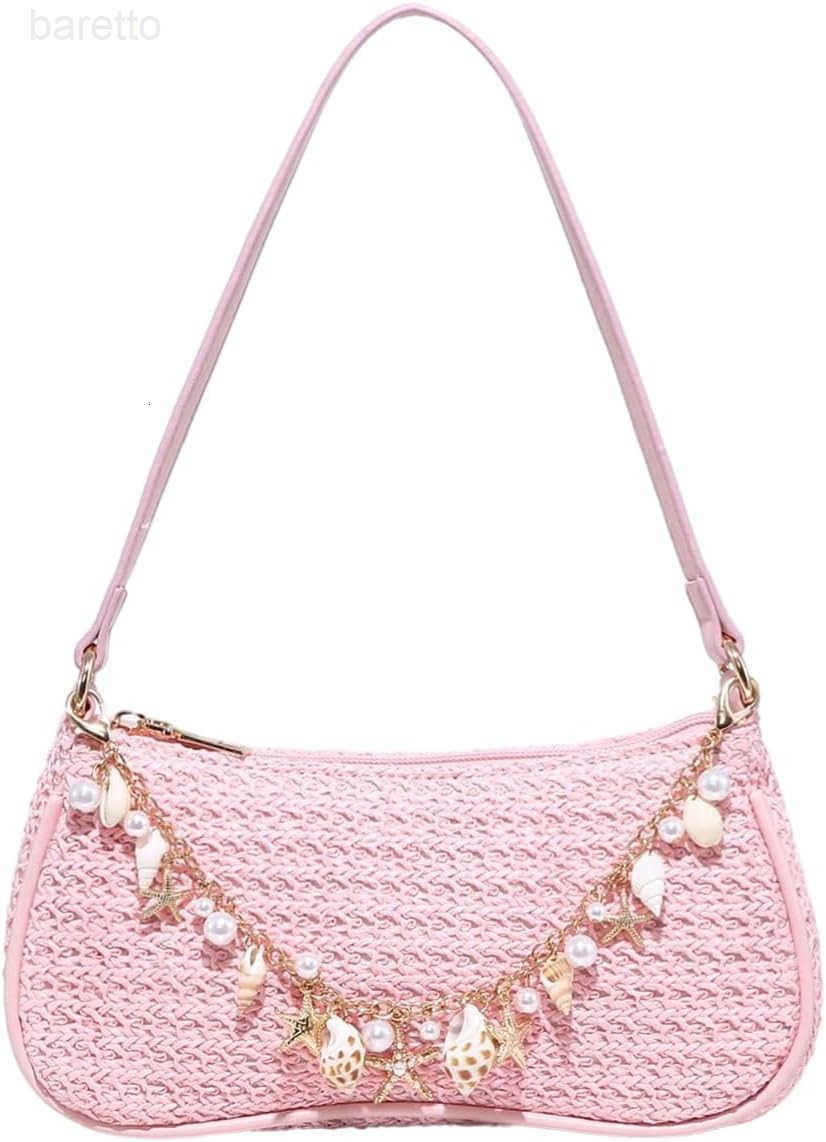 Womens Boho Seashell Pearl Beaded Straw Bags Zipper Single Strap Underarm Purses Z250909