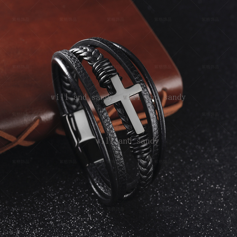 Braided Multilayer Stacking Wrap Genuine Leather Bracelet Bangle Cuff Wristband Designer Jewelry Gold Cross Bracelets for Man Non Tarnish Fashion Jewe