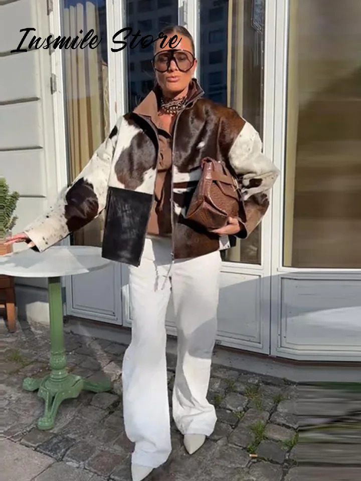 Chic Cow Pattern Zipper Short Jacket Women Lapel Full Sleeve Pockets Loose Coat Female Autumn Lady Street Outwear 250909