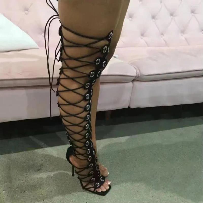 Sandals 2025 Fashion Women Gladiator Stiletto High Heel Summer Boots Lace Up Cross-tied Sexy Mesh Over Knee Party Shoes