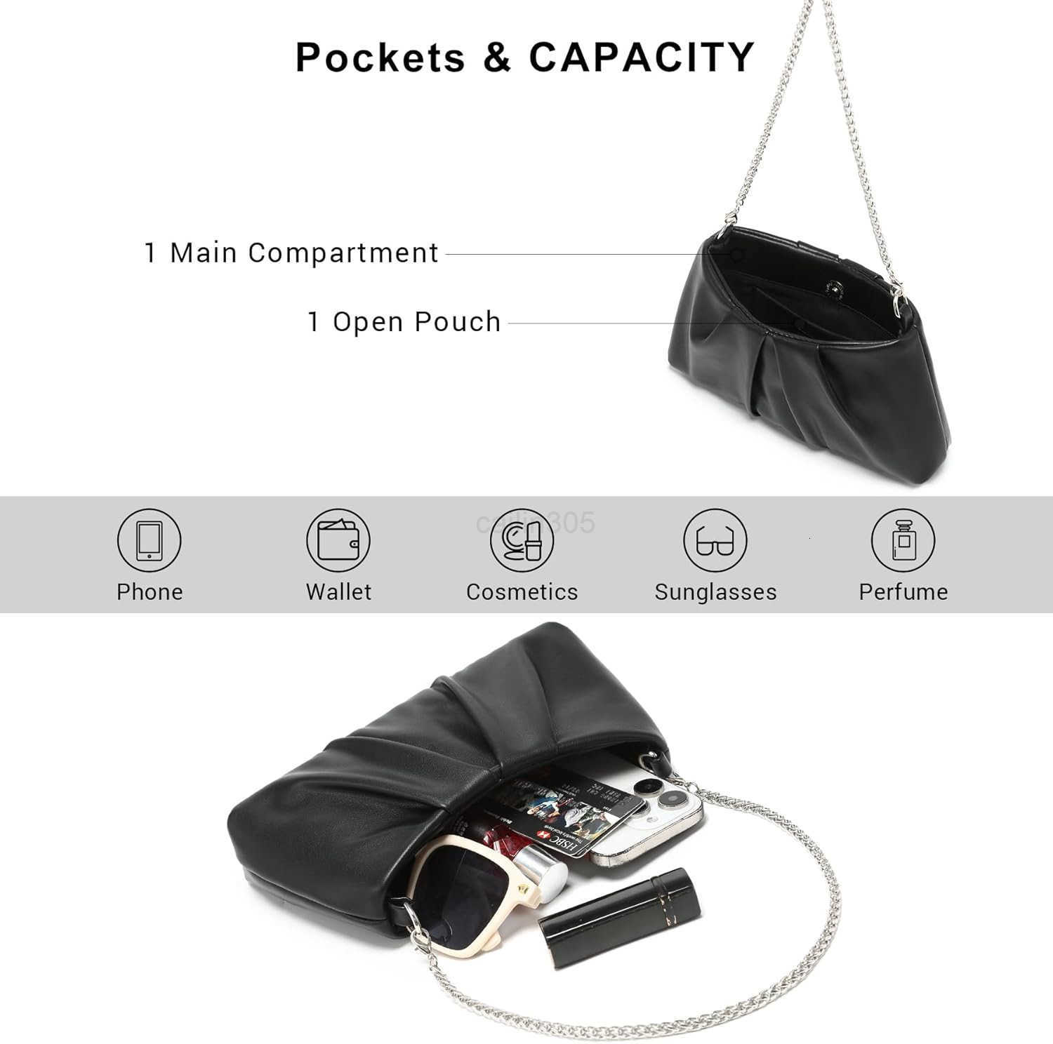 Elegant Pleated Evening Bag Soft Vegan Leather Clutch Purse Dressy Formal Handbag with 2 Chain Straps for Women Z25909