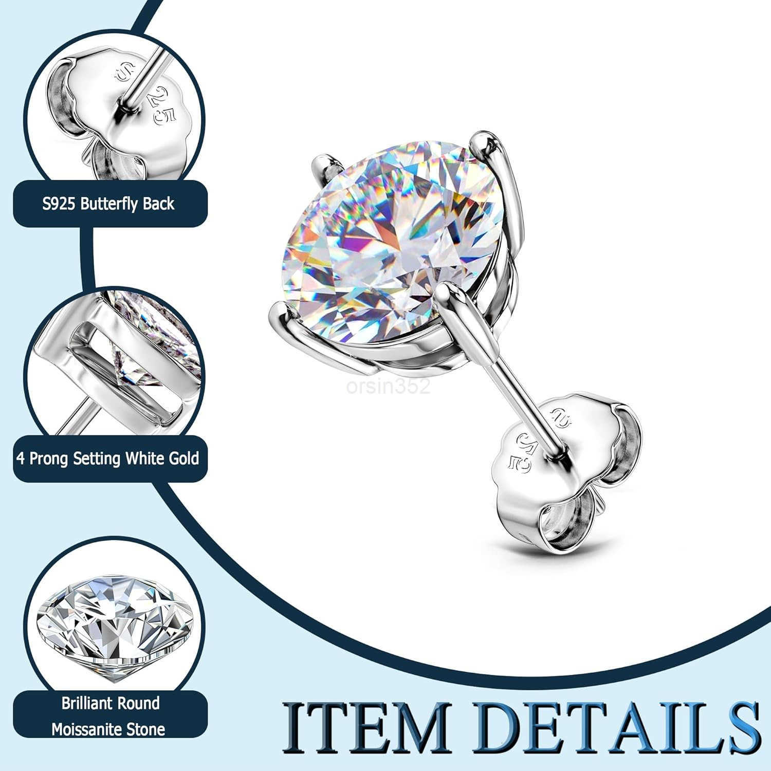 Stud Earrings 18K White Gold Plated Solid 925 Sterling Silver Earring Hypoallergenic Dainty Flat Back Stud Earrings Jewelry for Women Men D Color VVS1