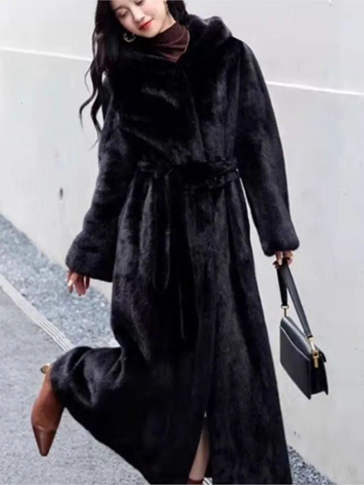 Faux Fur Hooded Coat With Belt Hat Women Mink Fur Extended Long Coats Warm Thicken Overcoat Slimming Fluffy Outwear Top 250908
