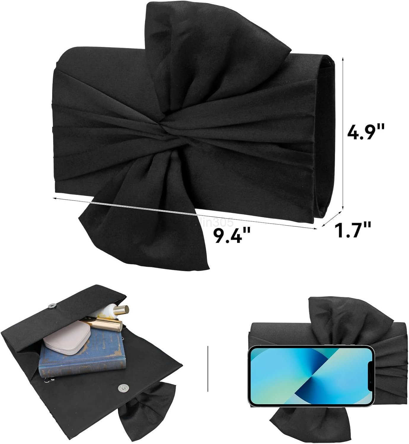 Womens Clutch BagPleated Satin Handbag Lady Pleated Bow Purse Evening Bag with Chain for Wedding Prom Formal Party Z25909