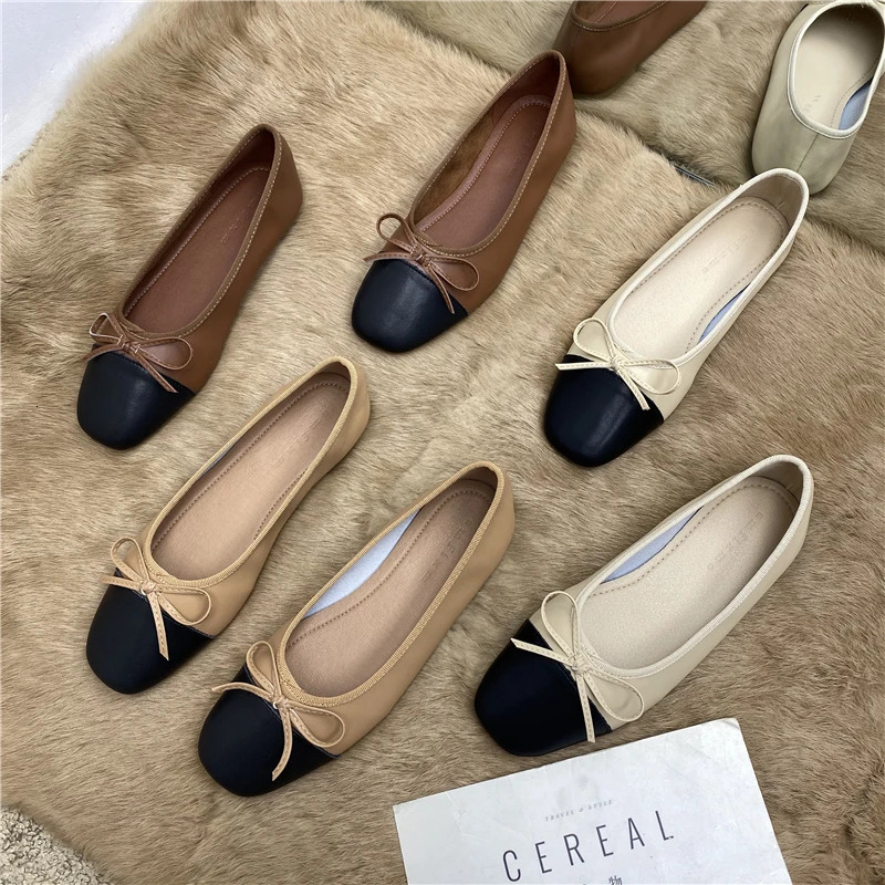 35-45 Flat Womens Spring Autumn Bow Square Toe Shallow Ladies Shoes Loafers Women Zapatos Mujer