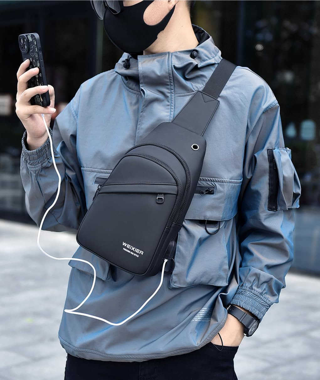 Sling Bags Mens Shoulder Crossbody Backpack with USB Charging Port HeadphoneOutdoor Lightweight Bag Z250909