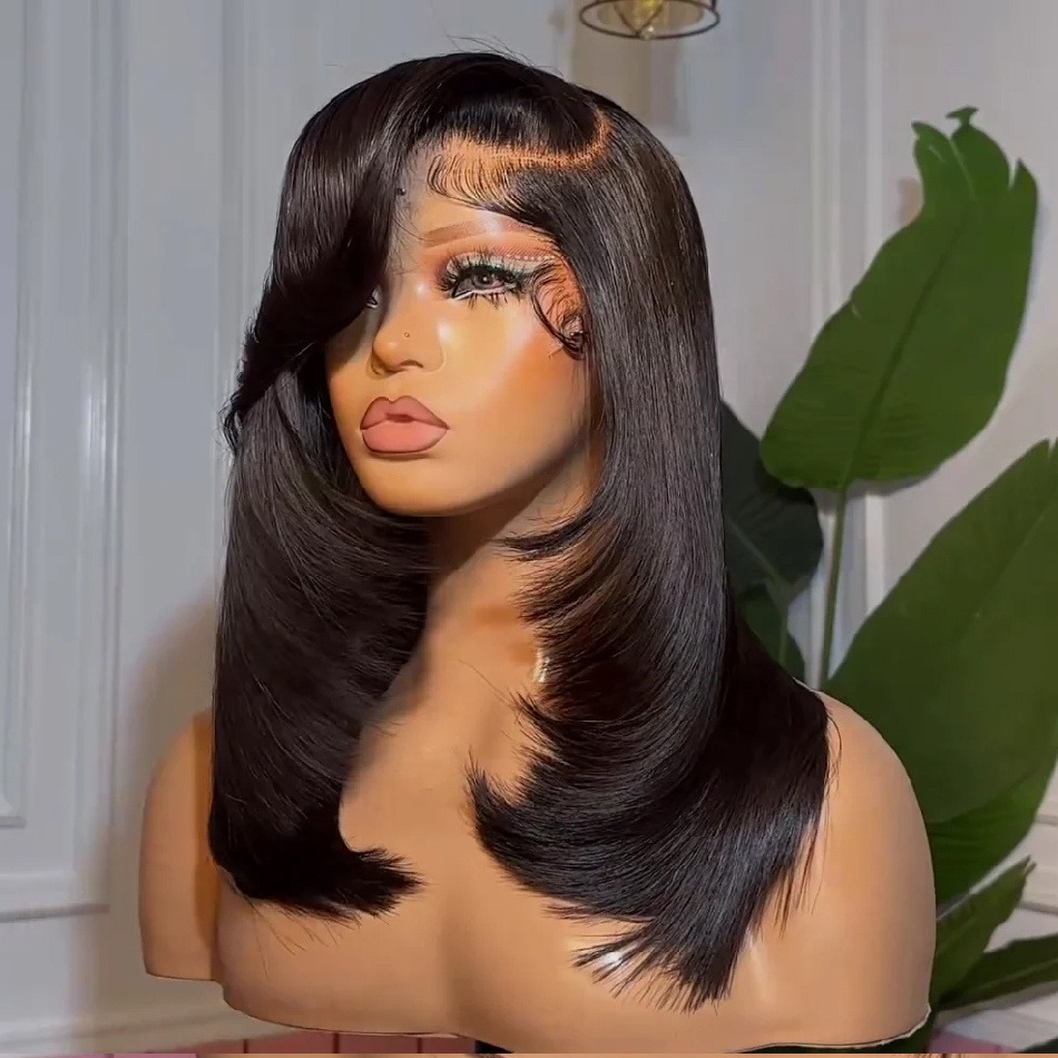 Wear And Go Wig With Layered Bang Glueless Ready To Wear Bone Straight Bob Wig Human Hair 360 Full lace Wigs For Women 13x6 HD Lace Frontal Wig Human 