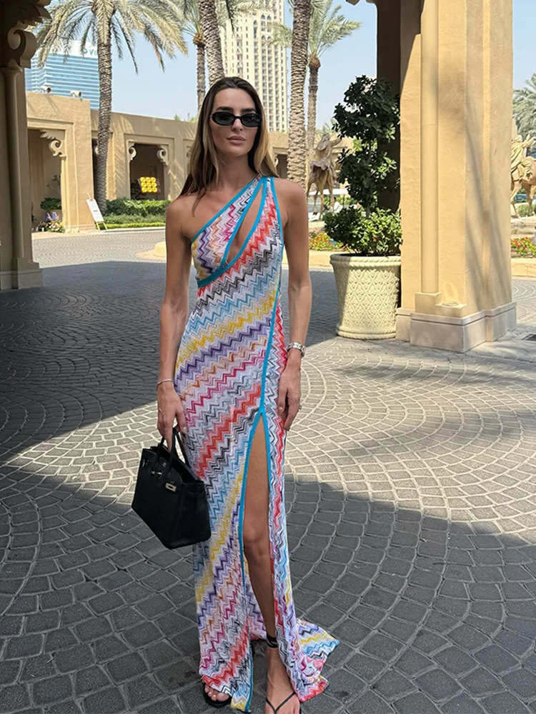 Womens Fashion Wavy Stripe Print Long Dress Sexy Oneshoulder Backless Side Split Maxi Lady Beach Vacation Vestidos 250909