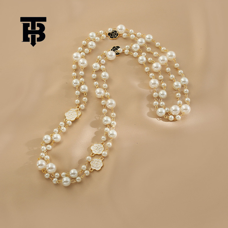 TB BHULAMTE Free Shipping New Designer Accessories Chanel Style Long Pearl Necklace Double Layer Camellia Sweater Chain For Women Trendy Autumn Winter