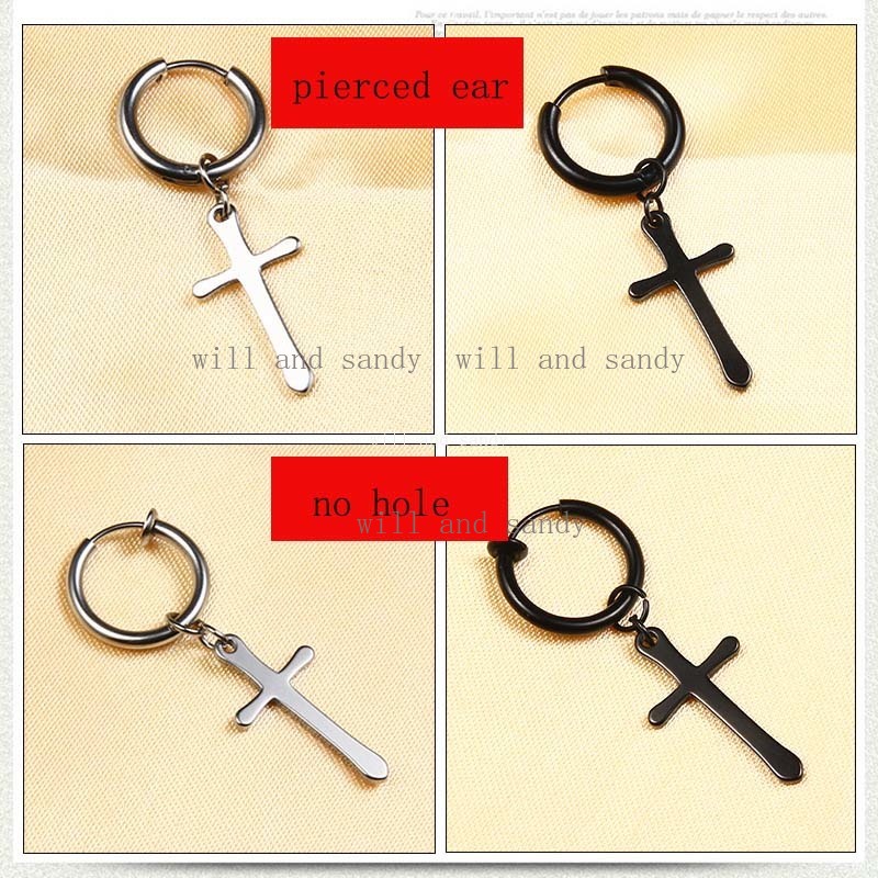 Non Tarnish Stainless Steel Cross Earrings Jesus Crosses Hoop Earrings Cartilage Hypoallergenic Clip on Ear Cuff Dangle for Women Man Hip Hop Fashion 