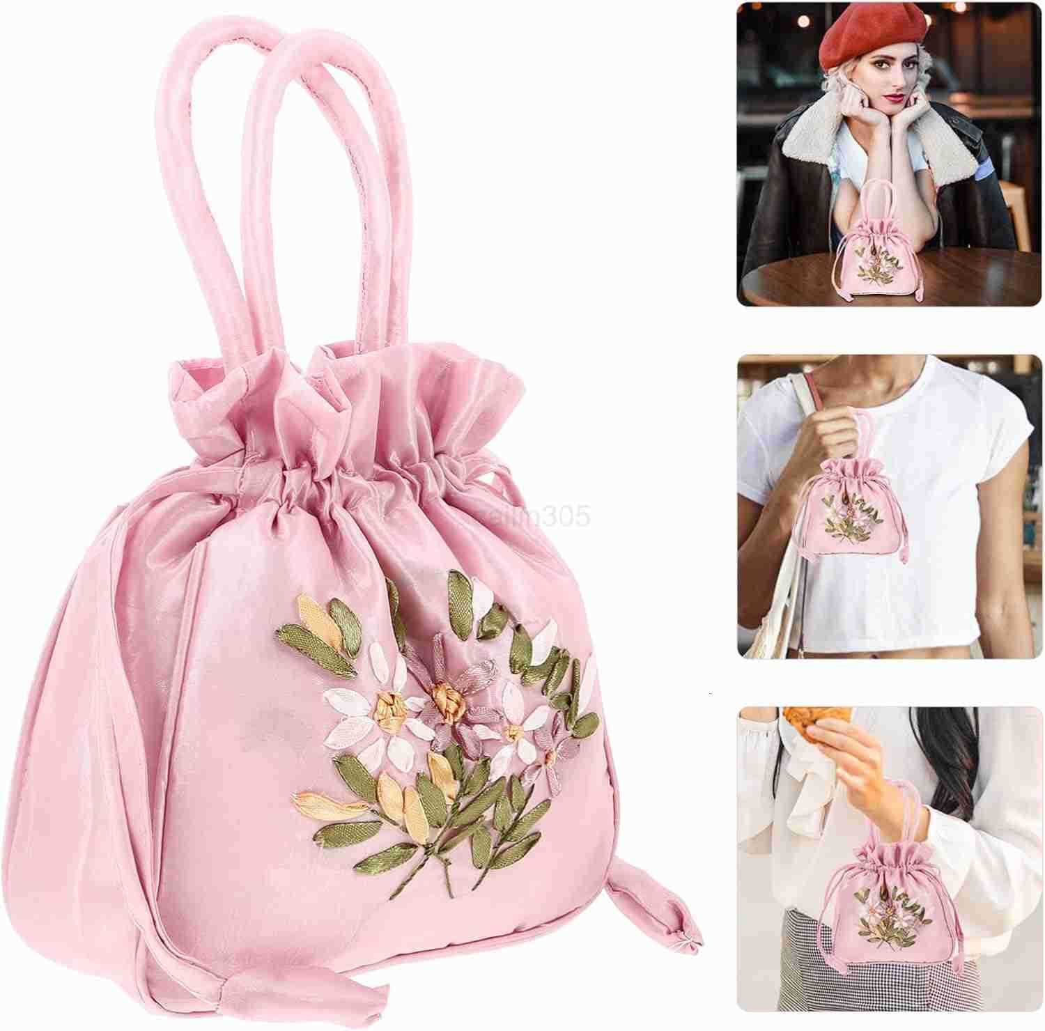 Floral Handbags Chinese Ethnic Bag Purse Drawstring Handbag Jewelry Coin Pouch for Women Wedding Bridal Pinks Z25909