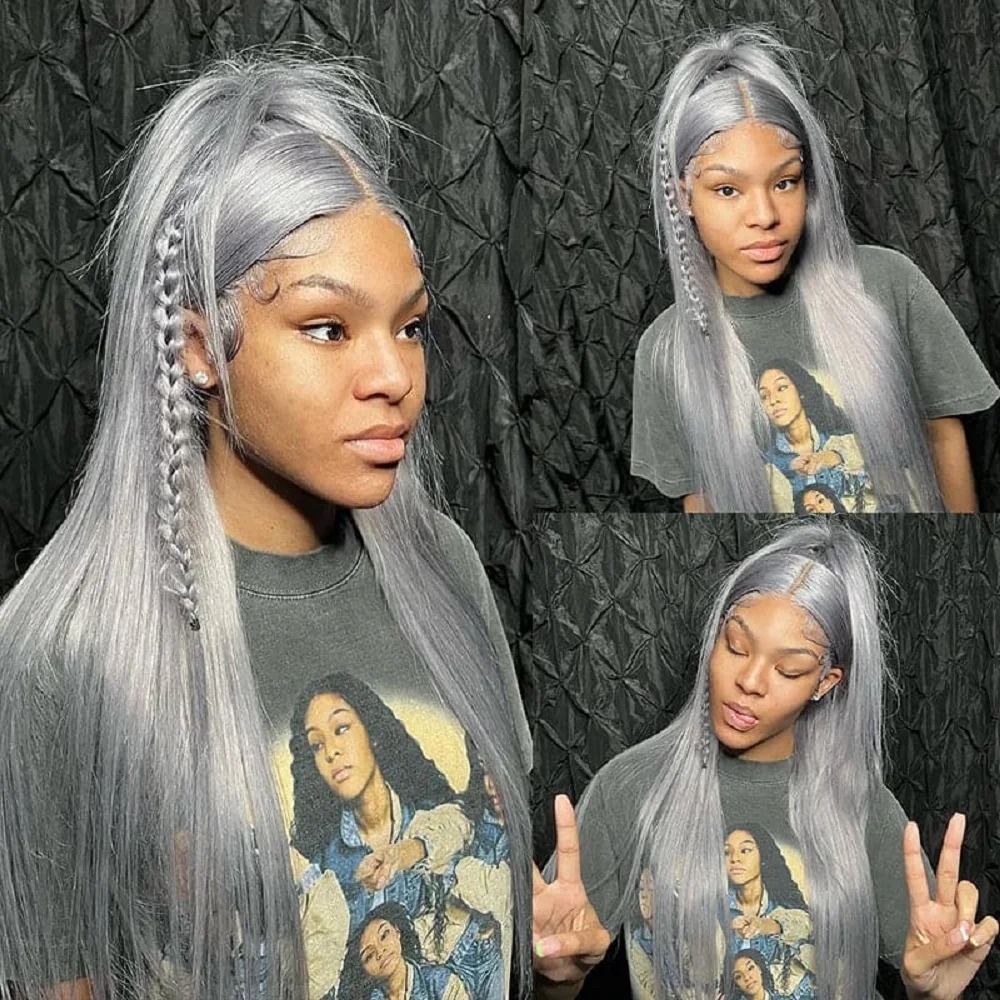 Silver Grey Straight Wigs Human Hair Vietnamese 220% Density 13x6 HD Lace Frontal Wig 360 Full Lace Wig Pre Plucked Hd 38 Pre Plucked with Baby Hair