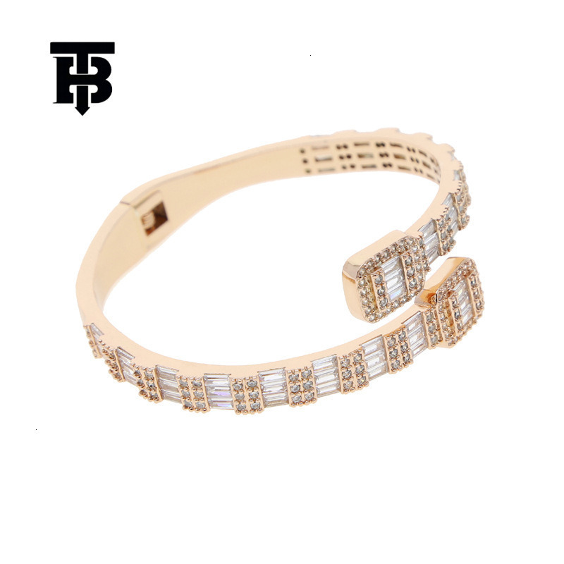TB BHULAMTE Free Shipping New Designer New Hip Hop Bracelet Open Set Square Zircon Full Diamond Punk Style Bracelet Gold Silver