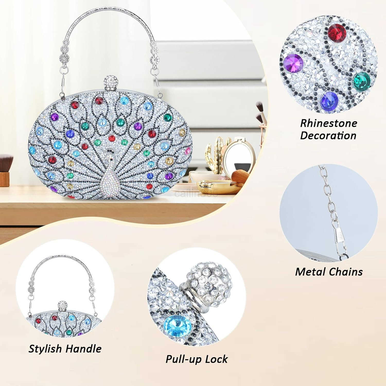 Clutch Purses for Women Rhinestone Glitter Peacock Evening Handbag Formal Clutch Bag for Wedding Party Prom Z25909