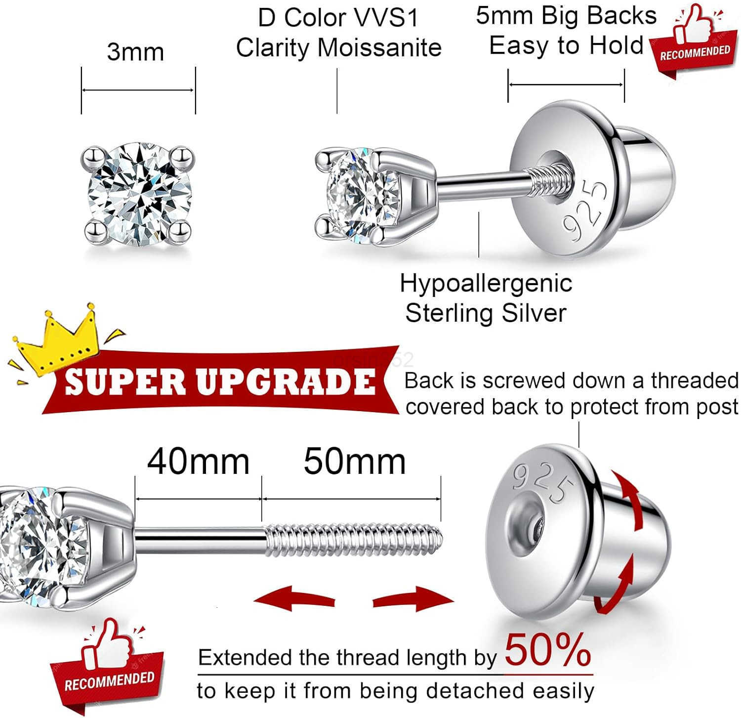 Pearl Earrings with Screw Back for Women 925 Sterling Silver Sensitive Genuine 6mm White Real Round Cultured Pearls Stud Everyday Earrings Studs Ladie