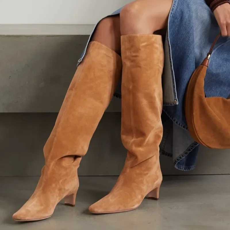 New Autumn Winter Square Toe Low Heeled Suede Long Boots European and American Fashion Black Brown Minimalist Knee High Boots Z250909