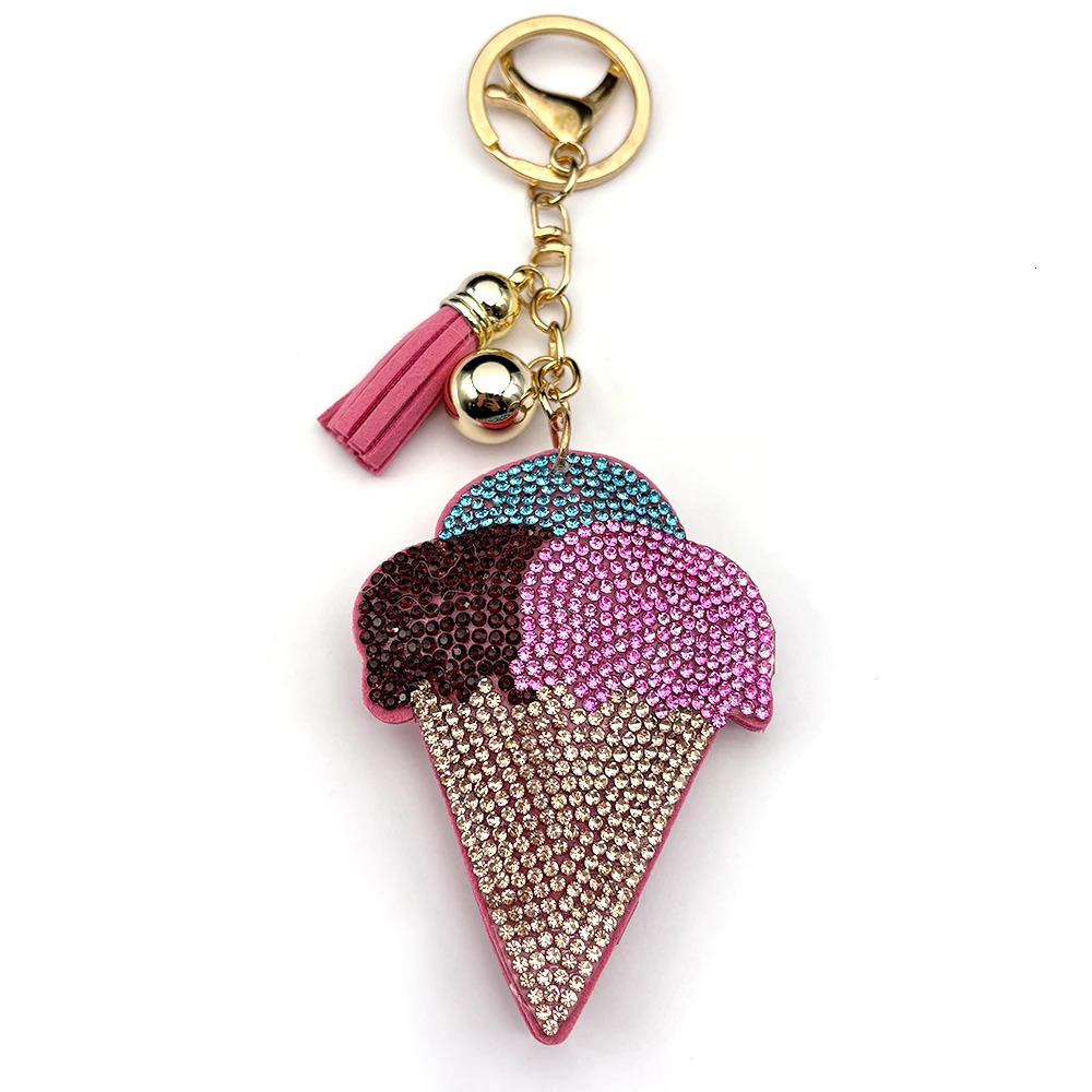 Sweet Three Balls Ice Cream Keychain For Women Men Tassel Rhinestone Pink Female Summer Bag Charm Hanging Kerholder Jewelry 250909