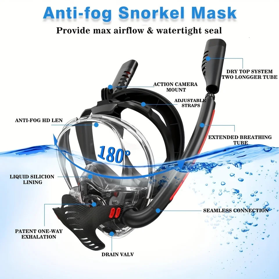 Mask Fins Snorkeling Gear for Adults Full Face Snorkel Adjustable Swim Set Panoramic View 250908