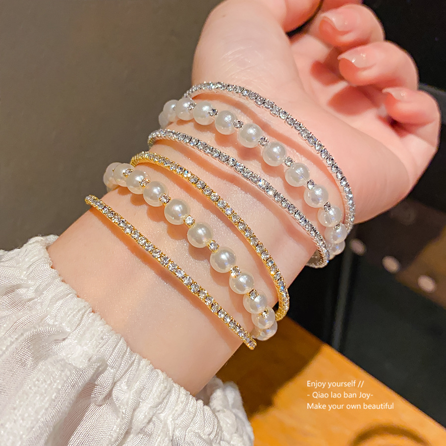 Silver-Tone Multi-Layer Bracelet With Pearl Beads & Crystal-Encrusted Accents, Elegant Dainty Style, Perfect For Elevating Feminine Daily Or Special-O