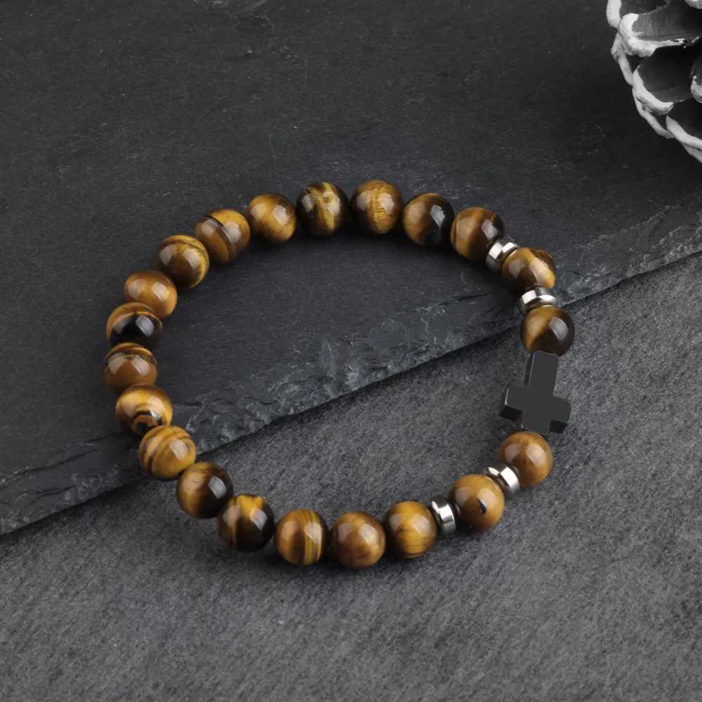 Natural Stone Bracelets Hematite Cross Pendent 8mm Tiger Eye Black Onyx Lava Howlite Bead Elastic Rope Bracelet For Men GiftXJ250909
