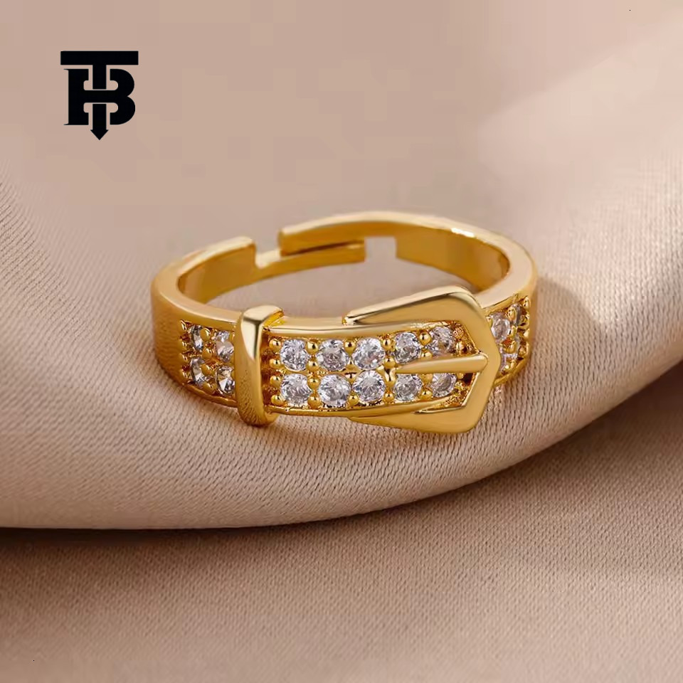 TB BHULAMTE Free Shipping New Designer Accessory Zircon Inlaid Belt Ring 18K Gold-plated Adjustable Open Women's Ring Jewelry