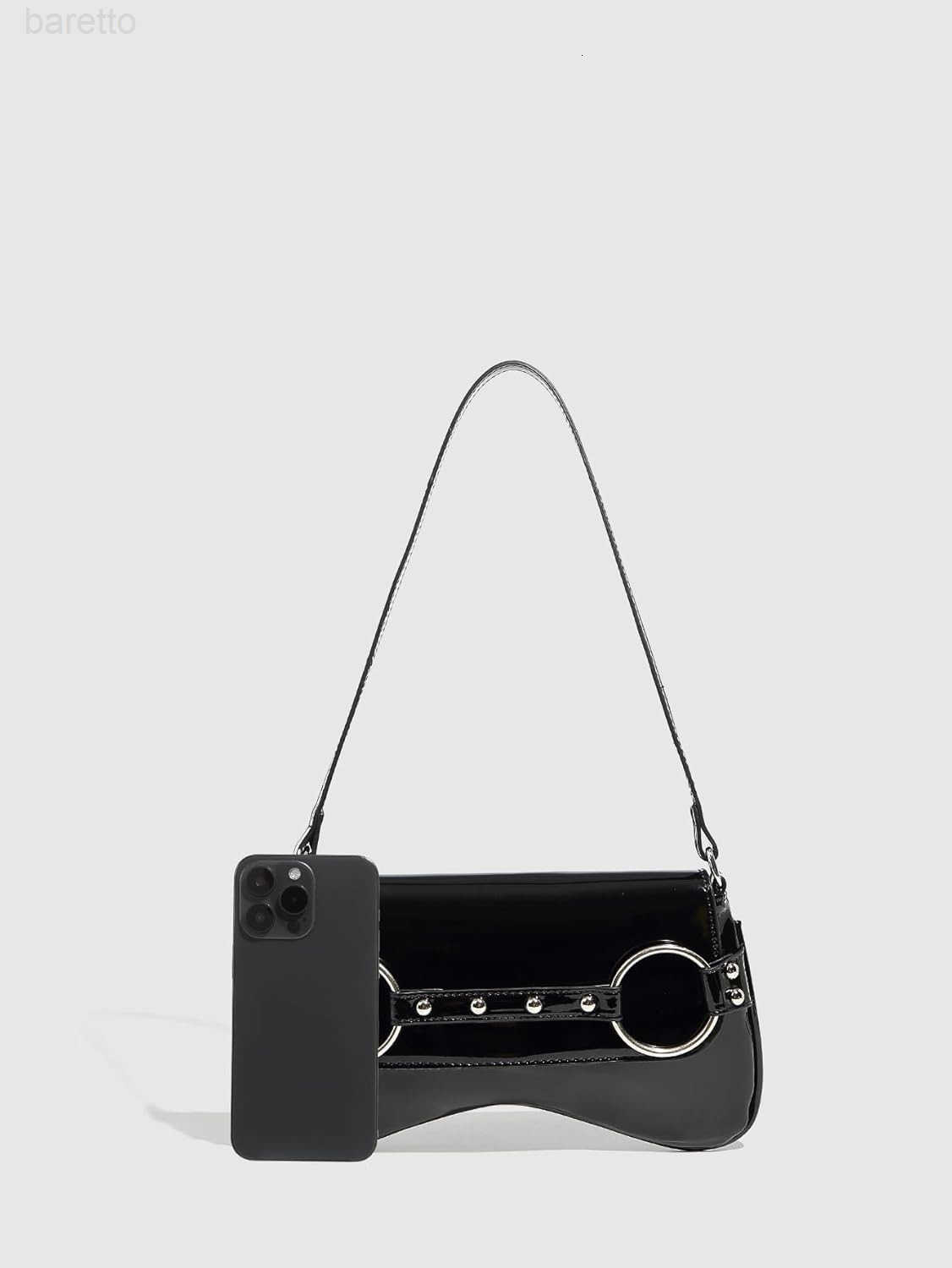 Womens Metal Studded Shoulder Handbag Flap Magnet Faux Leather Underarm Purse Z250909